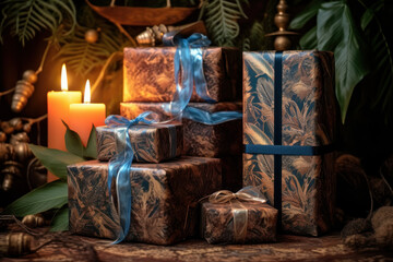 Fototapeta na wymiar handmade gift wrapping with an exclusive print pattern. made by ai. generative ai