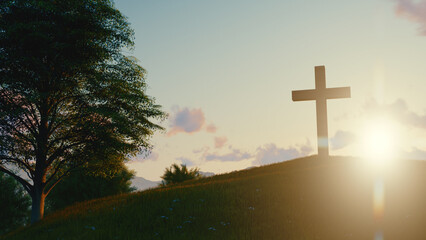 Silhouettes of Crucifix symbol on top mountain with Bright Sunbeam on the colorful sky background. 3d rendering