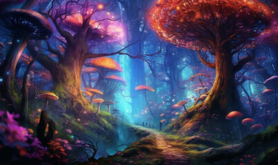 Fantasy-Märchenwald mit Mondlicht. generative KI