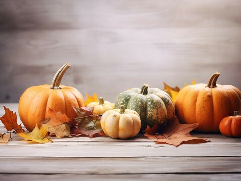 Festive thanksgiving decor of pumpkins, berries and leaves ona wooden background with copy space for text, AI generated