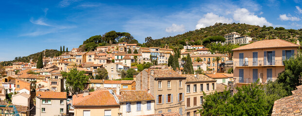 Panoramic view of the hilltop town of Bormes les Mimosas in the south of France