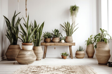 Fototapeta premium Green plants in rustic pots on wooden stand.Modern room decor. Peperomia, sansevieria, dracaena plants