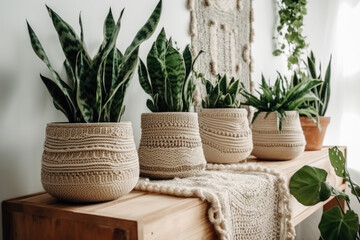 Green plants in rustic pots on wooden stand.Modern room decor. Peperomia, sansevieria, dracaena plants