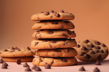 Stack of cookies with chocolate chips. Composite with different elements made with generative AI - Powered by Adobe