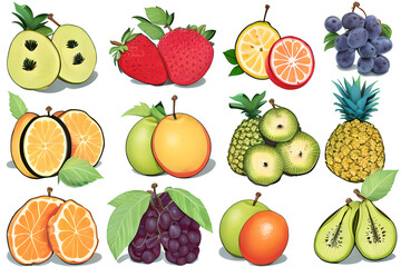 A set of exotic fruits and berries (strawberry, orange, pineapple, pear, grape, tangerine, kiwi, apple, lemon) with green
leaves isolated on a white background.
Generative AI.