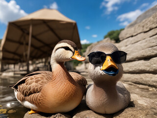 two funny ducks looking at duck one wearing sunglasses at sunny day with some clouds and rocks in blurry background, generative AI