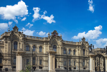 Lima, Peru, Government Palace on colonial Central plaza Mayor or Plaza de Armas in historic center.