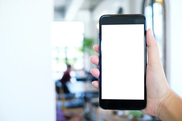 Close up of women's hands holding cell telephone blank copy space screen. smart phone with technology concept