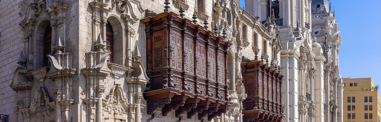 Lima, Peru, Archbishop Palace on colonial Central plaza Mayor or Plaza de Armas in historic center.