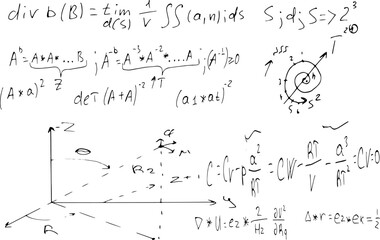 Mathematical scientific formulas and expressions. Educational, school and university background. Hand-drawn vector on white.