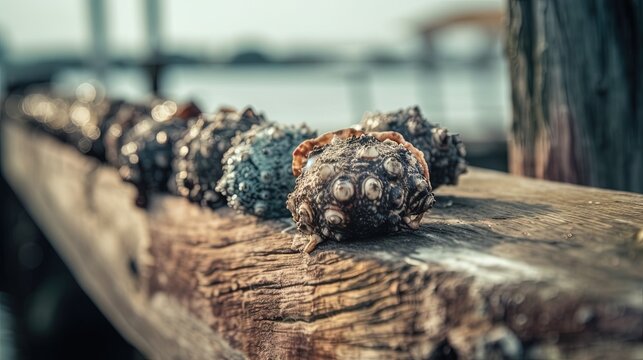  a close up of a wood plank with a crab on it.  generative ai