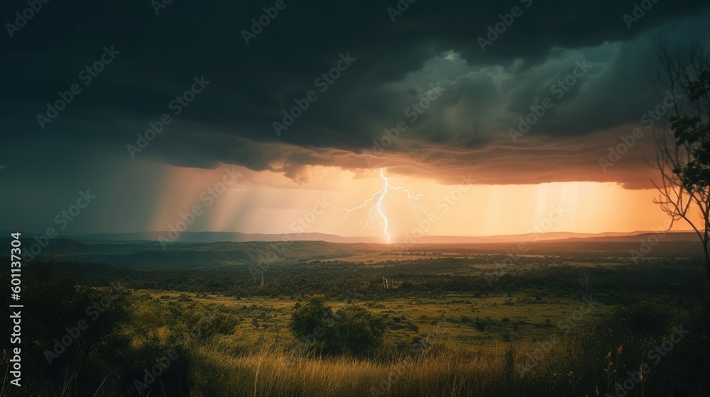 Wall mural a large storm is coming in over a grassy field with a tree. generative ai
