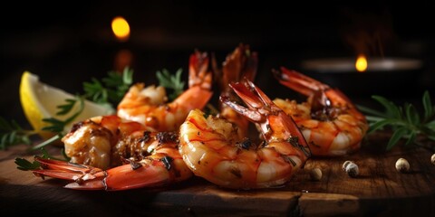 Juicy Shrimps on Rustic Wooden Plank with Lemon and Greens. Dark Background Adds Appetizing Contrast. Generative ai