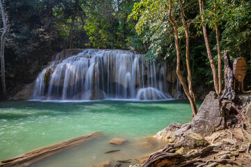 Erawan waterfall with emerald green ponds.  is one of the most popular falls in Kanchanaburi Province, Thailand.