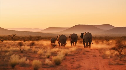 Fototapeta na wymiar a group of elephants walking down a dirt road in the desert. generative ai