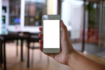 Close up of women's hands holding cell telephone blank copy space screen. smart phone with technology concept