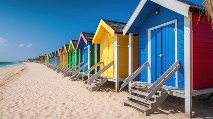  a row of colorful beach huts on the sand, with steps leading up to them On the right side of the image, there is dry grass, and in the background, there are trees 