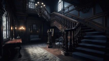 Dark gothic mansion hall in victorian style interior with staircase and lamp holders. Ai generated - obrazy, fototapety, plakaty