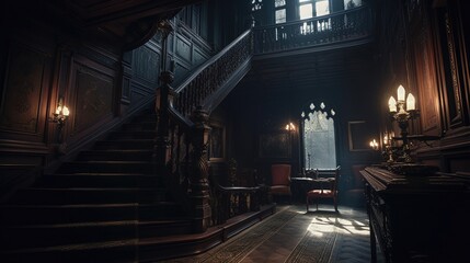 Dark gothic mansion hall in victorian style interior with staircase and lamp holders. Ai generated