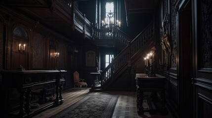 Dark gothic mansion hall in victorian style interior with staircase and lamp holders. Ai generated