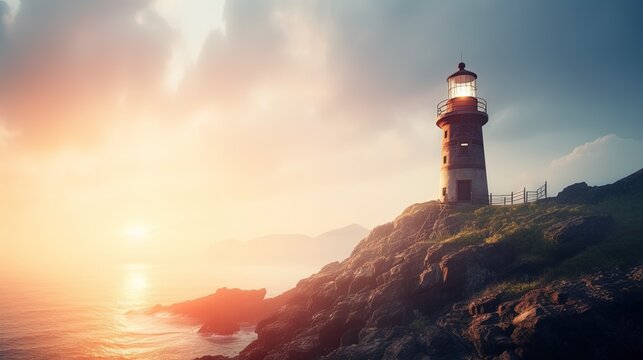 a lighthouse on a rocky cliff overlooking the ocean at sunset.  generative ai