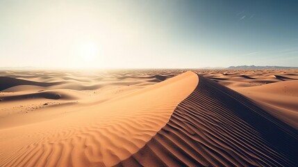Obraz na płótnie Canvas the sun is shining over a sandy desert area with sand dunes. generative ai