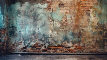  an old brick wall with peeling paint and a wooden floor.  generative ai - obrazy, fototapety, plakaty