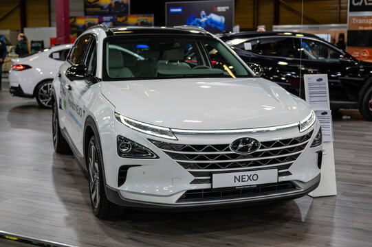 Hyundai Nexo hydrogen fuel cell suv premiere at a motor show, model 2023, front view