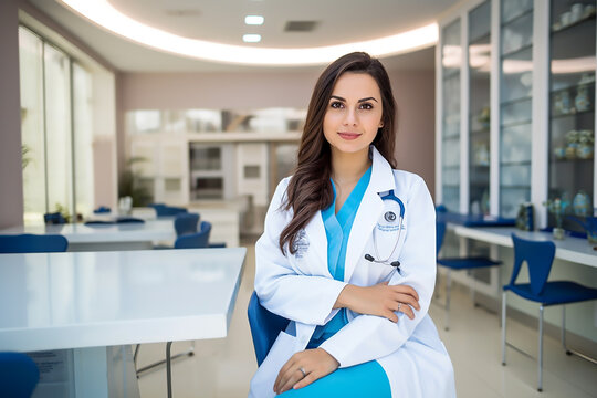 Portrait of pretty female doctor in clinic medical office. Generative AI