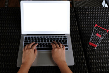 Business woman using laptop computer.works online on laptop which hand on keyboard.