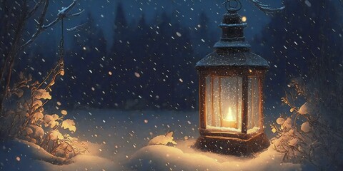 A lantern is lit in the middle of a snowy night - generative AI