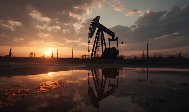 Crude mining concept, crude oil pump jack at oilfield on sunset backround. generative AI