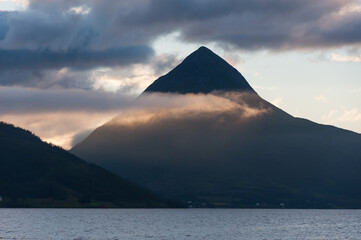 Fototapeta premium Pyramid shaped mountain in northern Norway