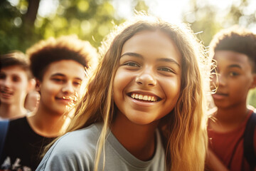 Naklejka premium Close up of a smiling teenage girl having fun at summer camp