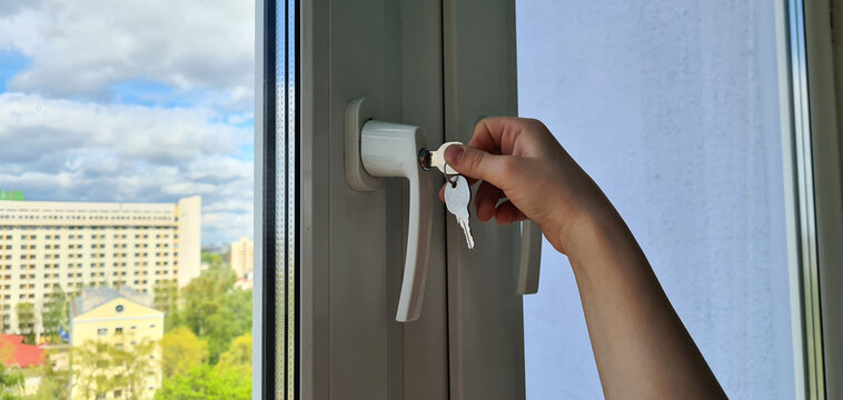 Window lock with key for home security closeup