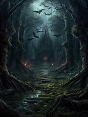 Photo spooky empty road in dark scary forest with a house in the middle and bats flying around it
