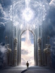 A man standing in front of ethereal gates of heaven.
