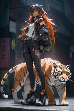 Photo tech girl with her tiger

