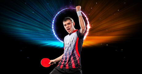 Table tennis. The player celebrates the victory in the tournament. Image for sports website header design. Ping pong