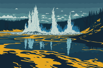 Yellowstone. Geyser in Yellowstone. Old Faithful. Vector illustration. - obrazy, fototapety, plakaty