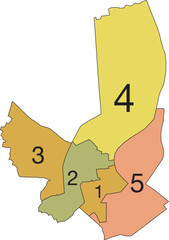Pastel flat vector administrative map of BORDEAUX, FRANCE with name tags and black border lines of its cantons