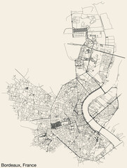 Detailed hand-drawn navigational urban street roads map of the French city of BORDEAUX, FRANCE with solid road lines and name tag on vintage background