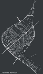Detailed hand-drawn navigational urban street roads map of the LA BASTIDE QUARTER of the French city of BORDEAUX, France with vivid road lines and name tag on solid background