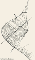 Detailed hand-drawn navigational urban street roads map of the LA BASTIDE QUARTER of the French city of BORDEAUX, France with vivid road lines and name tag on solid background
