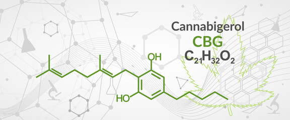 Cannabigerol or CBG molecular structural chemical formula. Futuristic science backdrop. Pharmacology concept