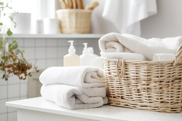 Fototapeta na wymiar Wicker baskets with clean white towels on white counter top table with beautiful morning sunlight