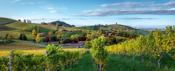 Stunning Autumn nature of Austria .Panorama view of vineyard and hills in autumn. South Styria, Gamlitz, Austria, Eckberg, Europe. Popular travel destination. Concept of an ideal resting place. - 601141977