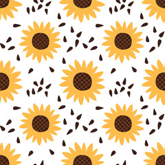 Seamless pattern with sunflower and black seeds. Beautiful ornament for fashion fabric or other printable covers. sun flower on white background. Vector illustrationSeamless pattern with sunflower and