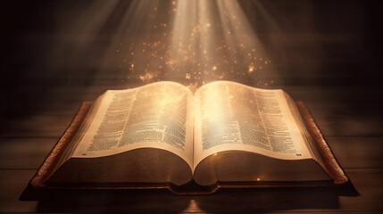 Holy Bible with Beams of light and golden Orbs