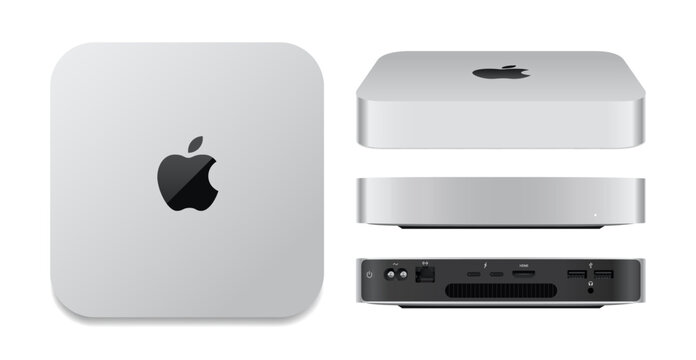 Set of new Apple Mac Mini with M2 chip, realistic vector illustration. Mac Mini is a small form factor desktop computer developed and marketed by Apple Inc
